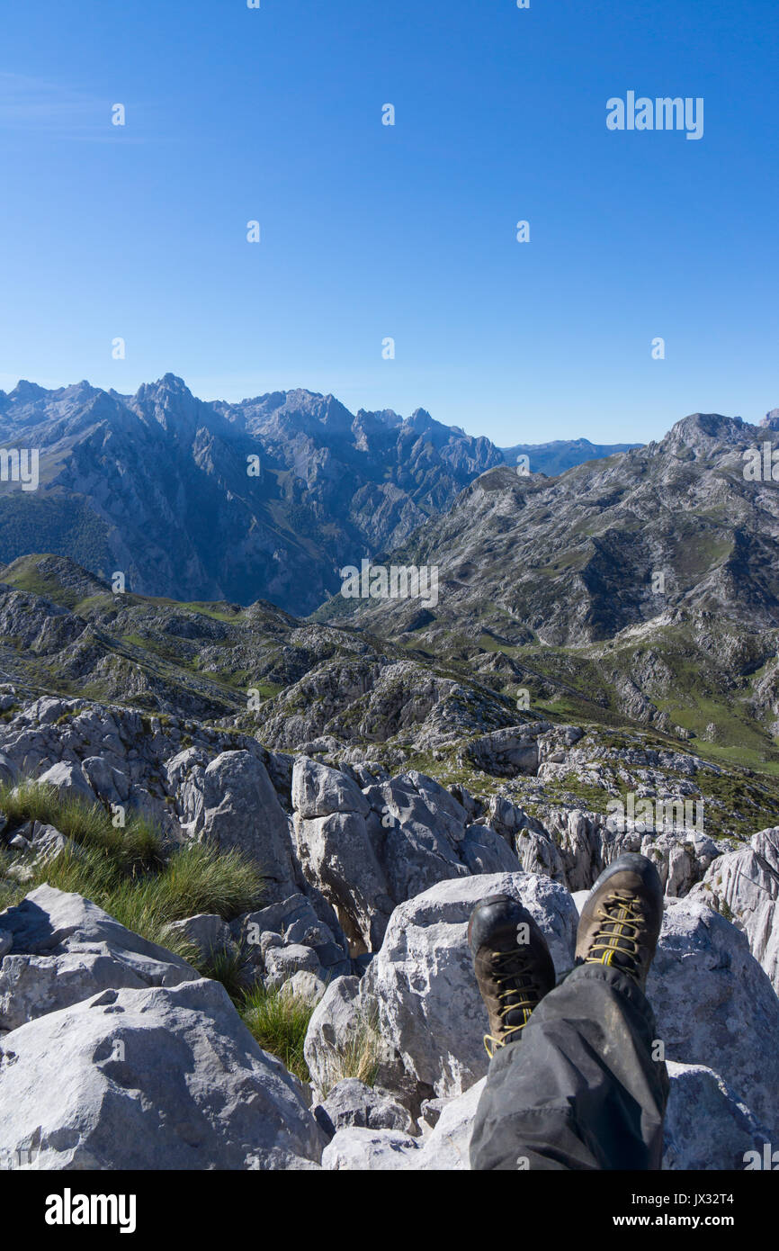 Picos de Europa national park central massif with Torre Cerrado prominent and Amuesa. Stock Photo