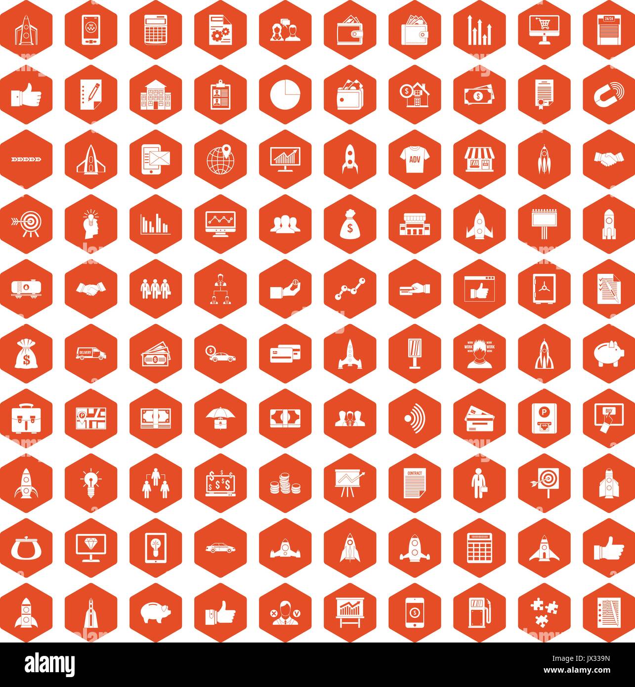 100 startup icons hexagon orange Stock Vector