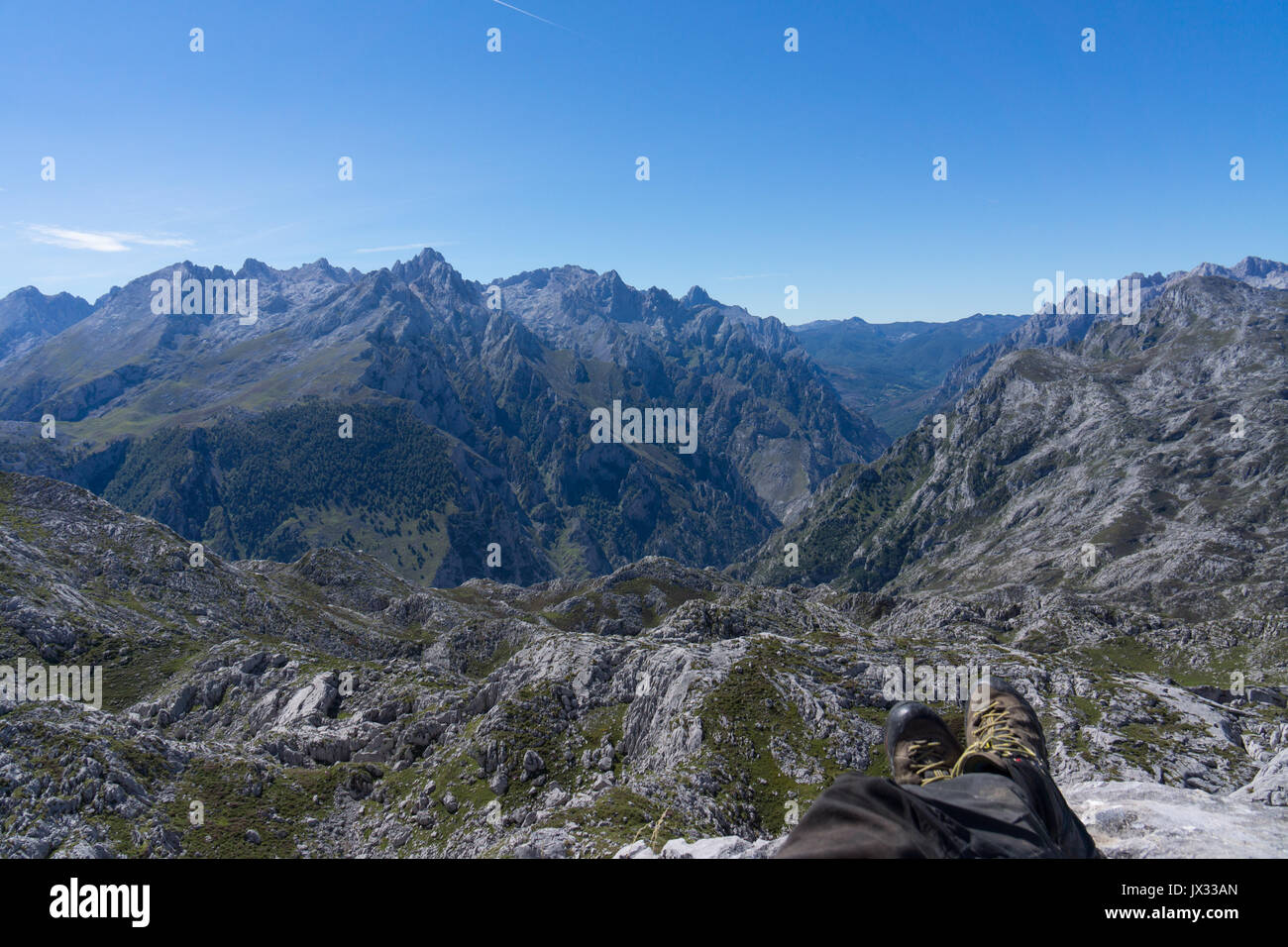 Picos de Europa national park central massif with Torre Cerrado prominent and Amuesa. Stock Photo