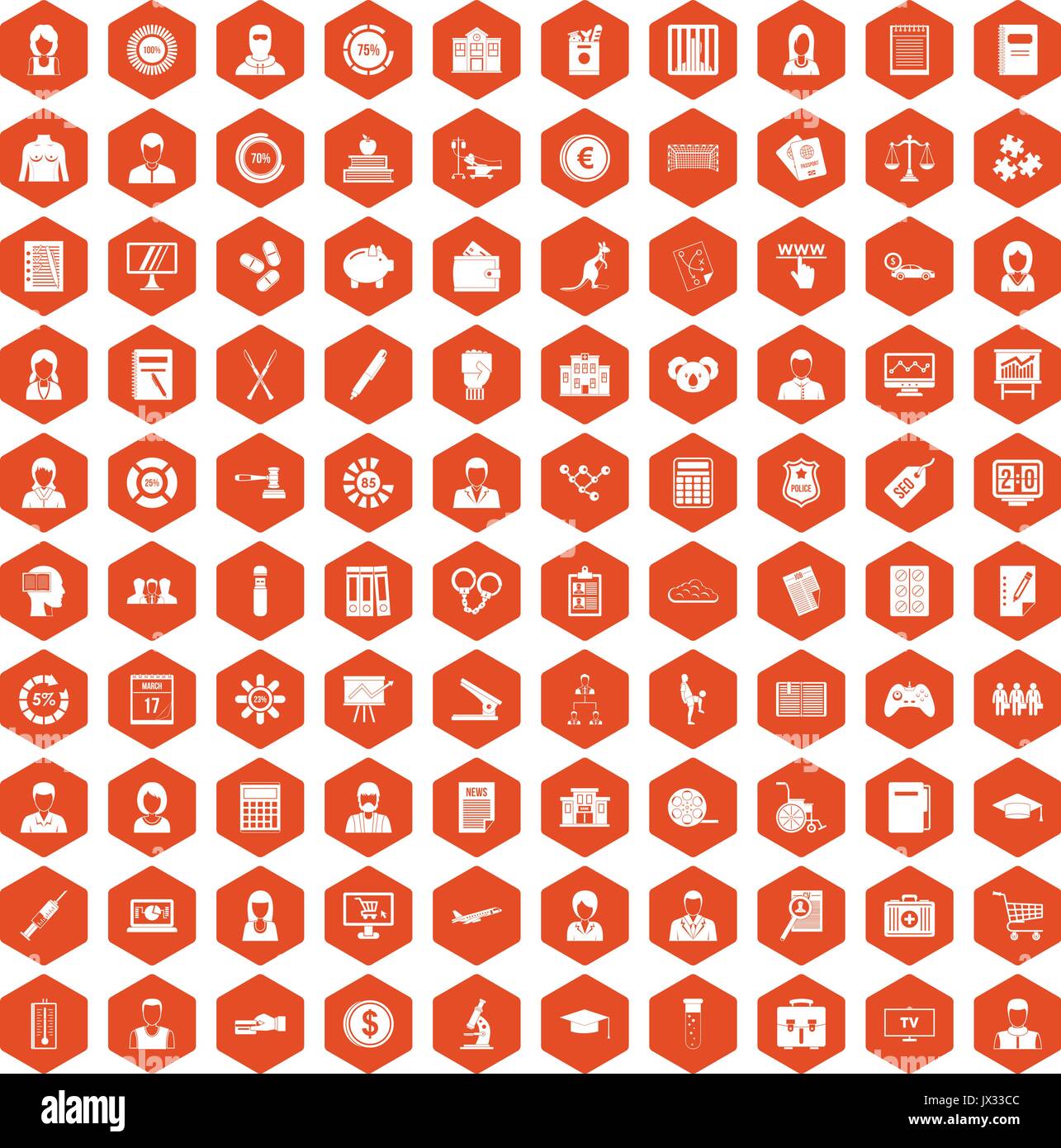 100 statistic data icons hexagon orange Stock Vector