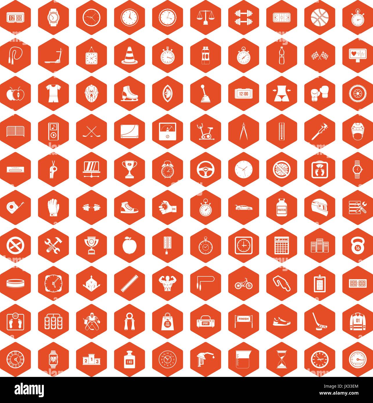 100 stopwatch icons hexagon orange Stock Vector