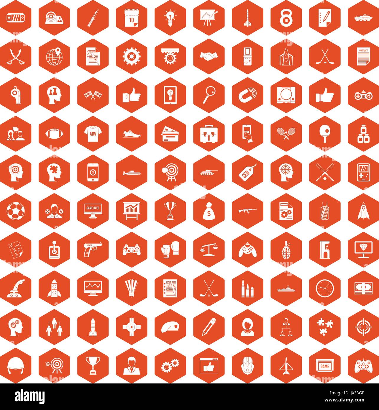 100 strategy icons hexagon orange Stock Vector