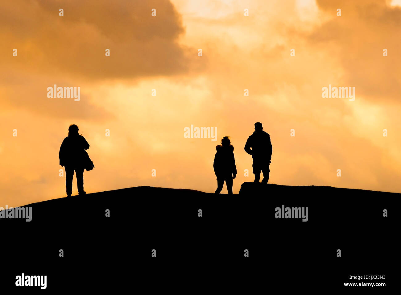 Three people silhouetted against the sky at sunset; Stock Photo