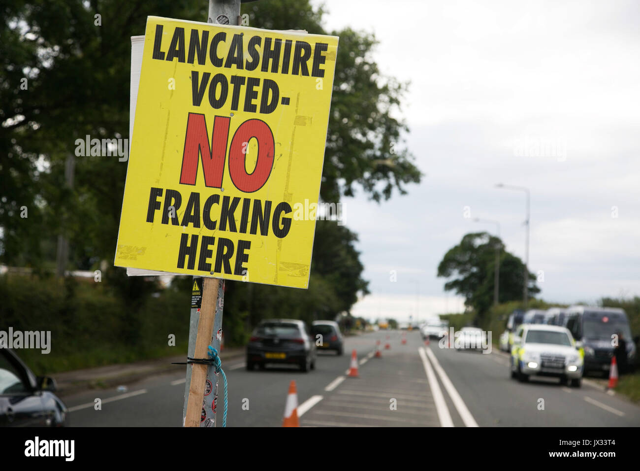 A sign posted in the road outside Quadrilla's fracking site in Lancashire. the sign states that Lancashire voted no to fracking. Stock Photo