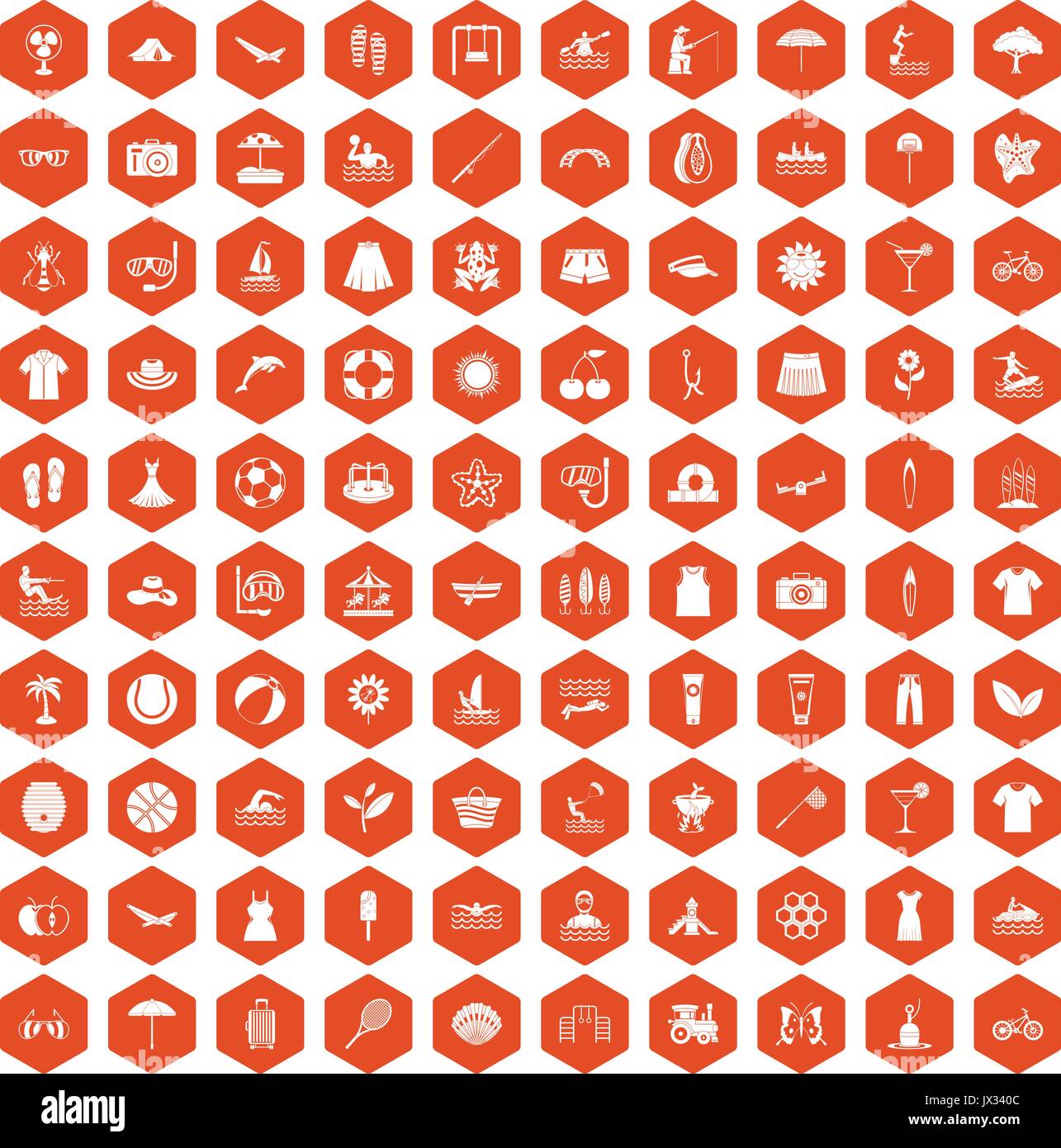 100 summer icons hexagon orange Stock Vector