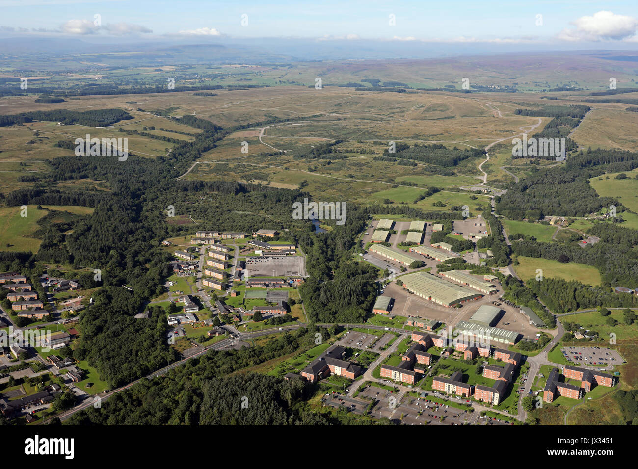 aerial view of Catterick Garrison and army training land to the west, UK Stock Photo