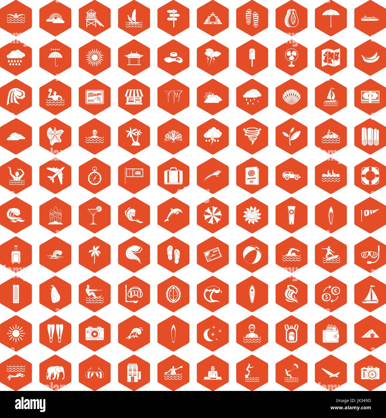 100 surfing icons hexagon orange Stock Vector