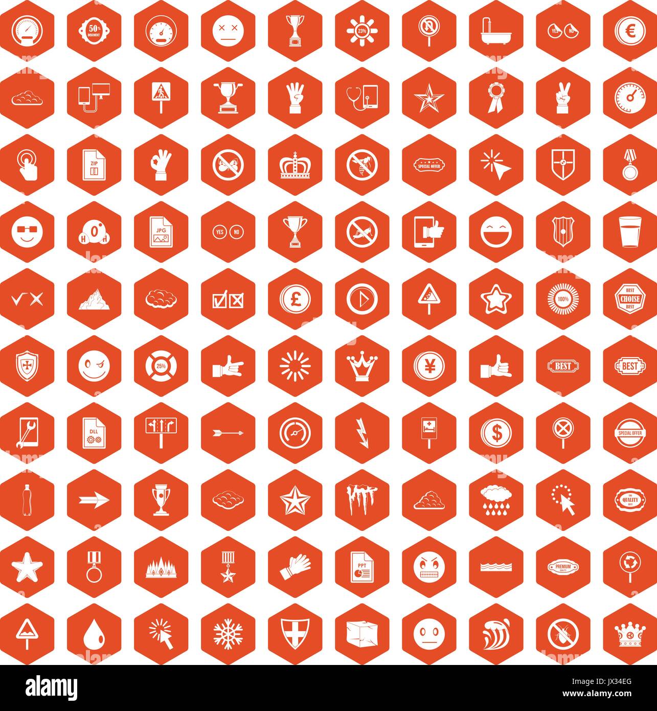 100 symbol icons hexagon orange Stock Vector