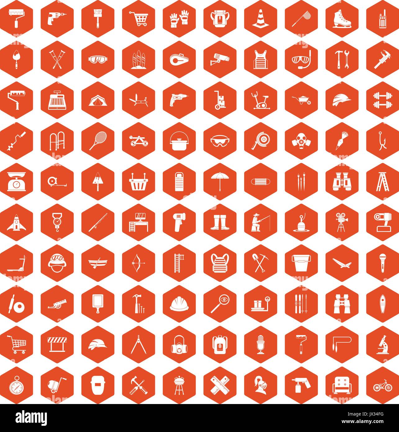100 tackle icons hexagon orange Stock Vector