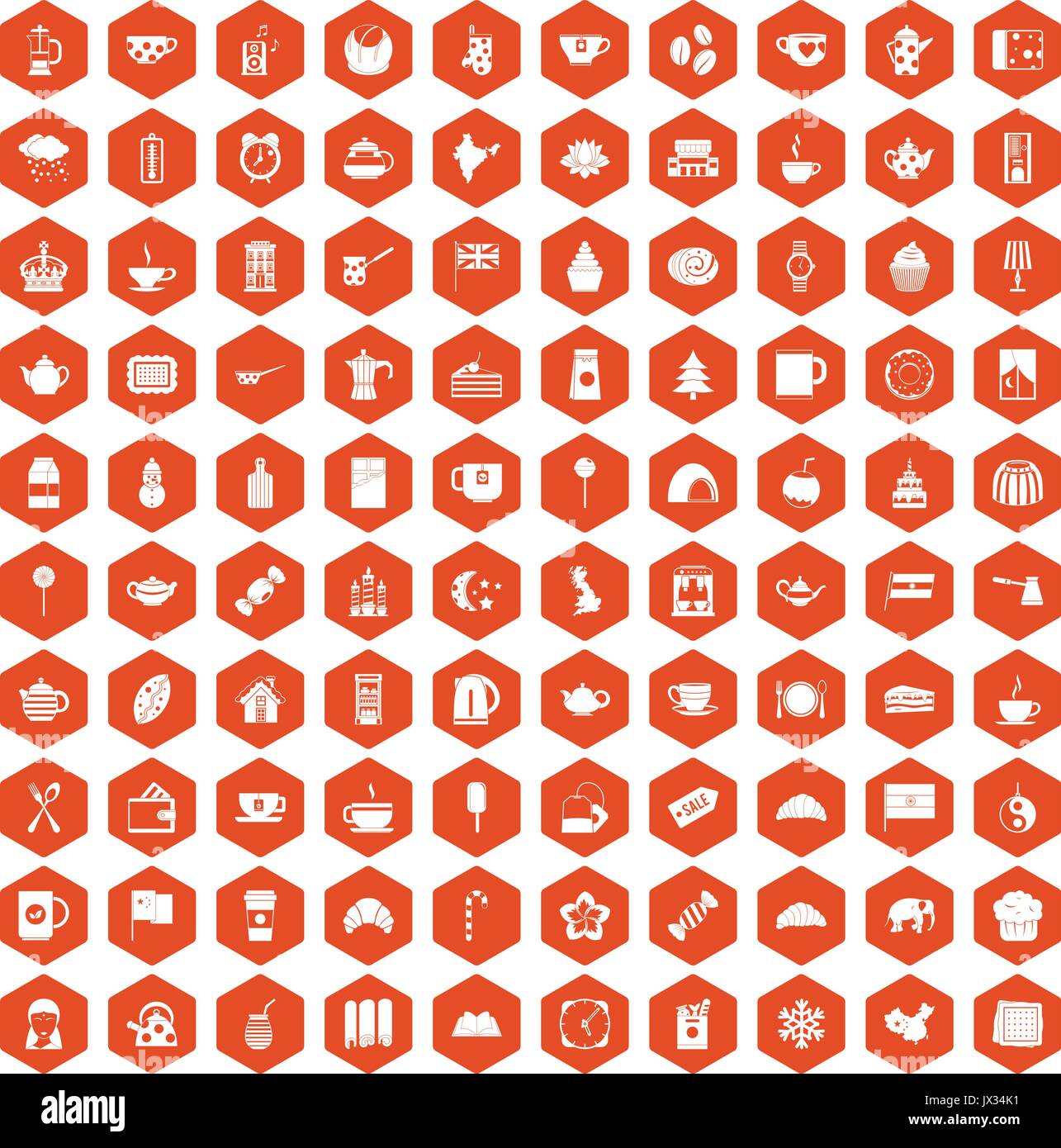 100 tea cup icons hexagon orange Stock Vector