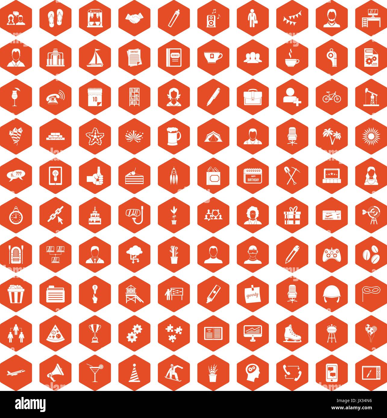 100 team building icons hexagon orange Stock Vector