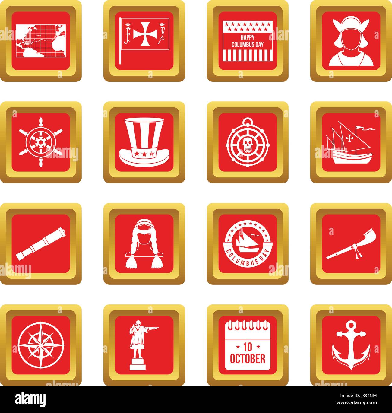 Columbus Day icons set red Stock Vector