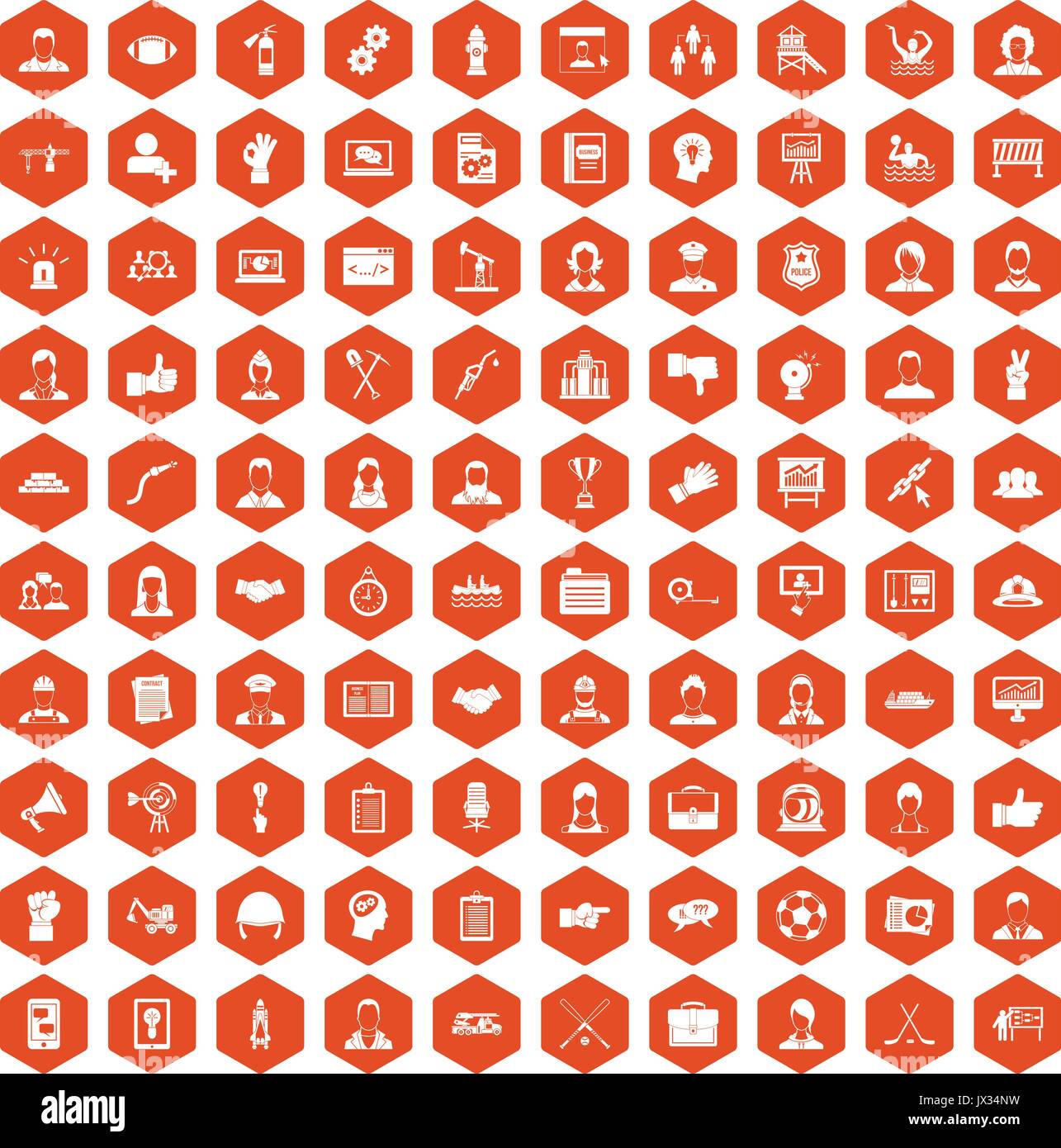 100 team work icons hexagon orange Stock Vector