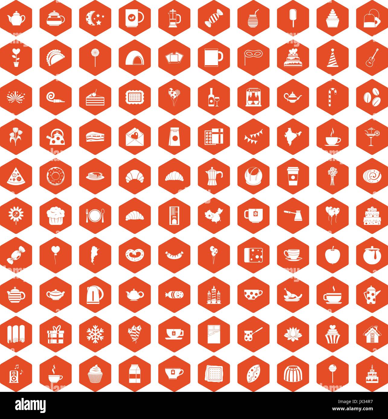 100 tea party icons hexagon orange Stock Vector