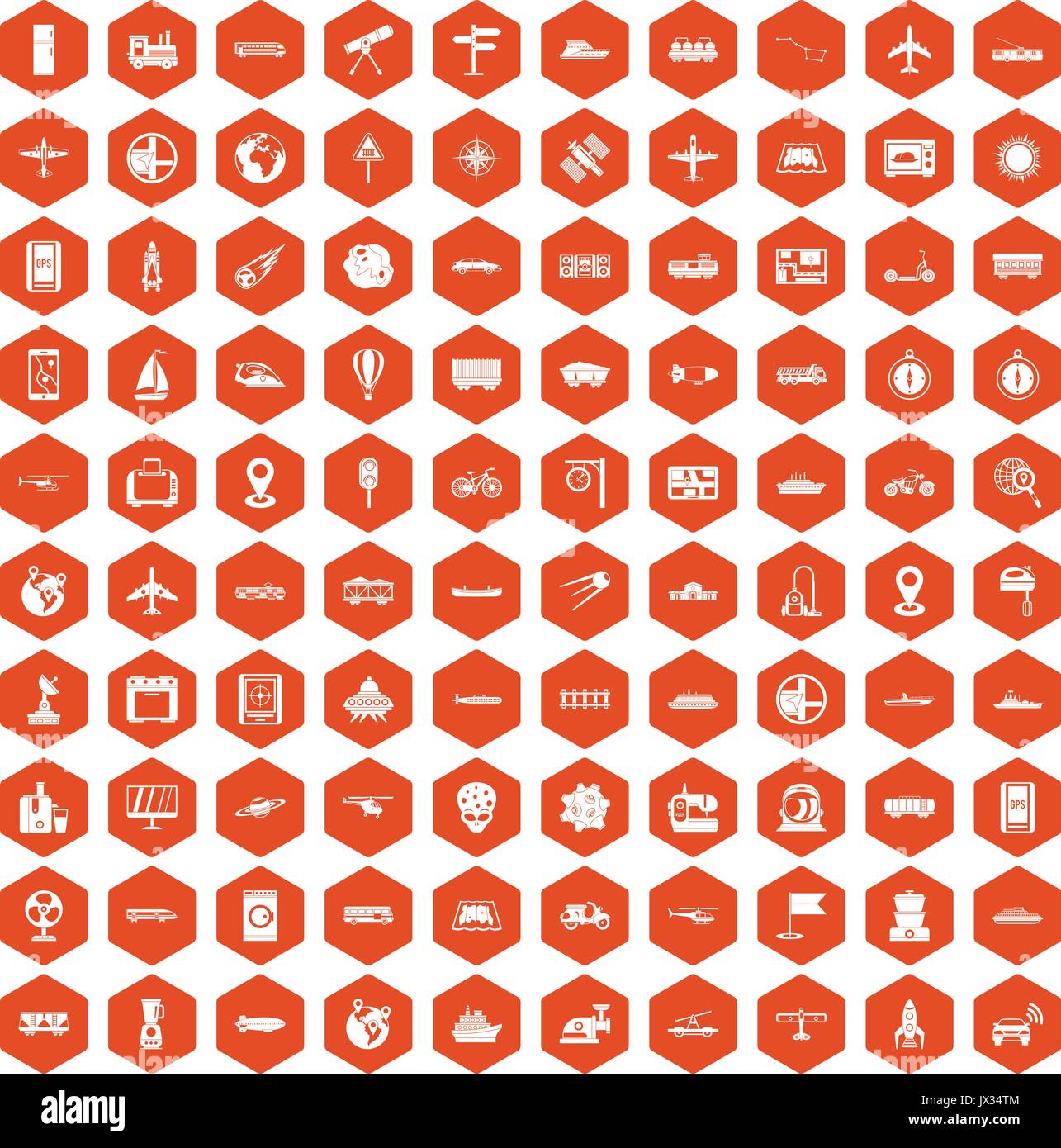 100 technology icons hexagon orange Stock Vector