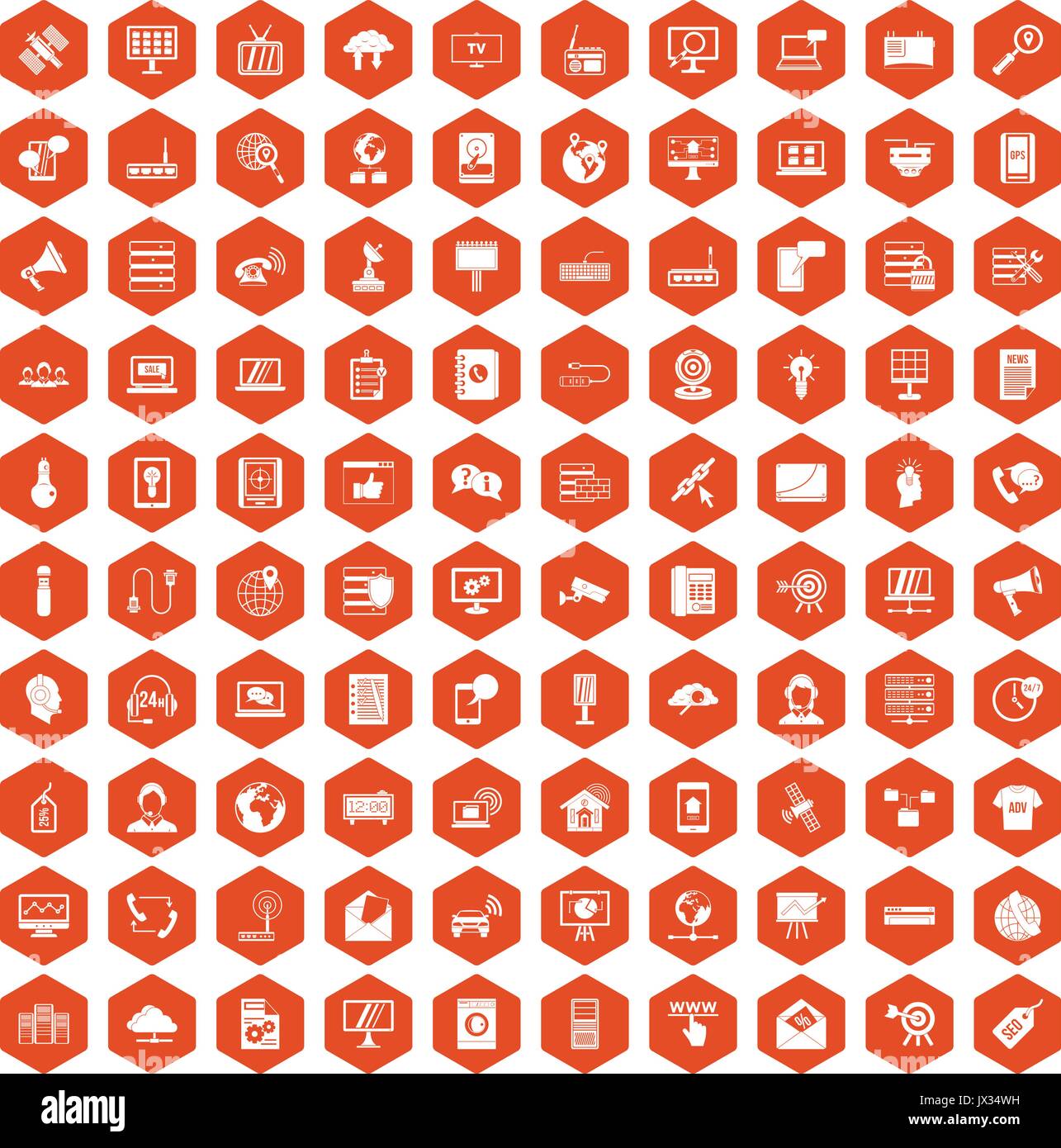 100 telecommunication icons hexagon orange Stock Vector