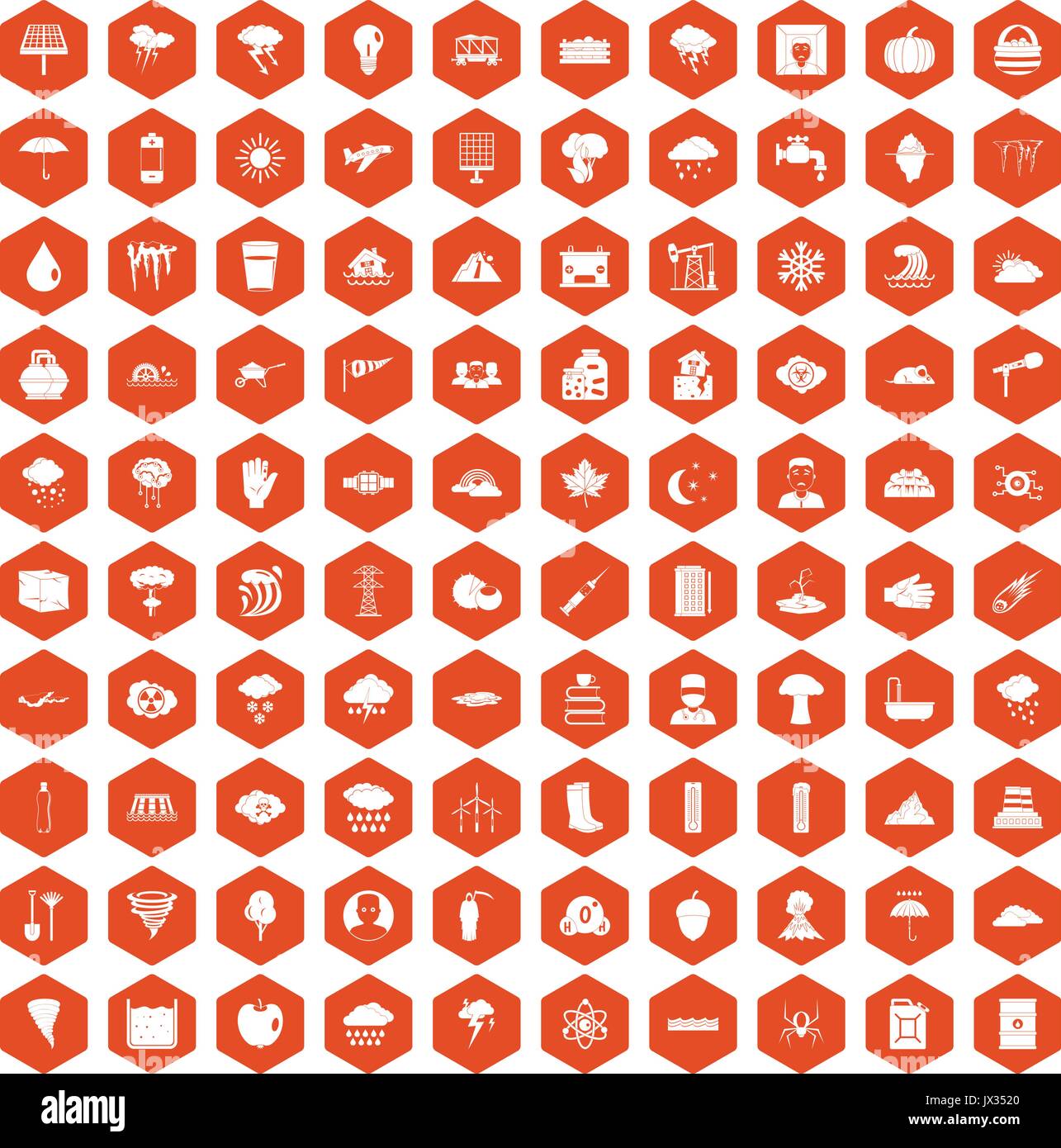 100 thunderstorm icons hexagon orange Stock Vector