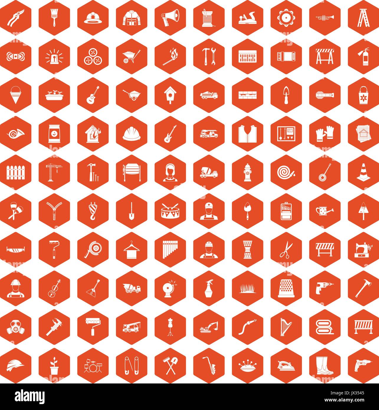 100 tools icons hexagon orange Stock Vector