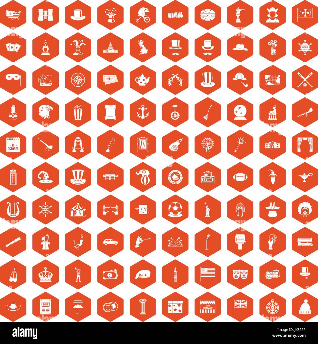 100 top hat icons hexagon orange Stock Vector