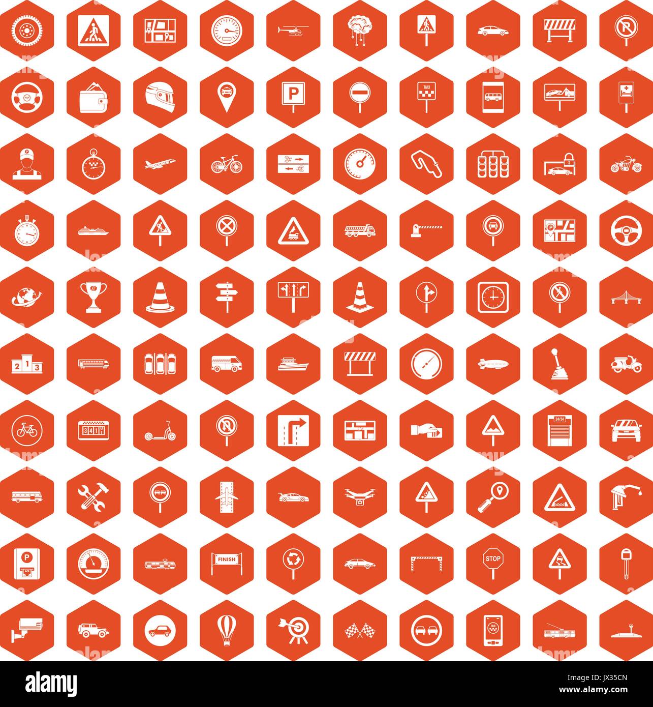 100 traffic icons hexagon orange Stock Vector