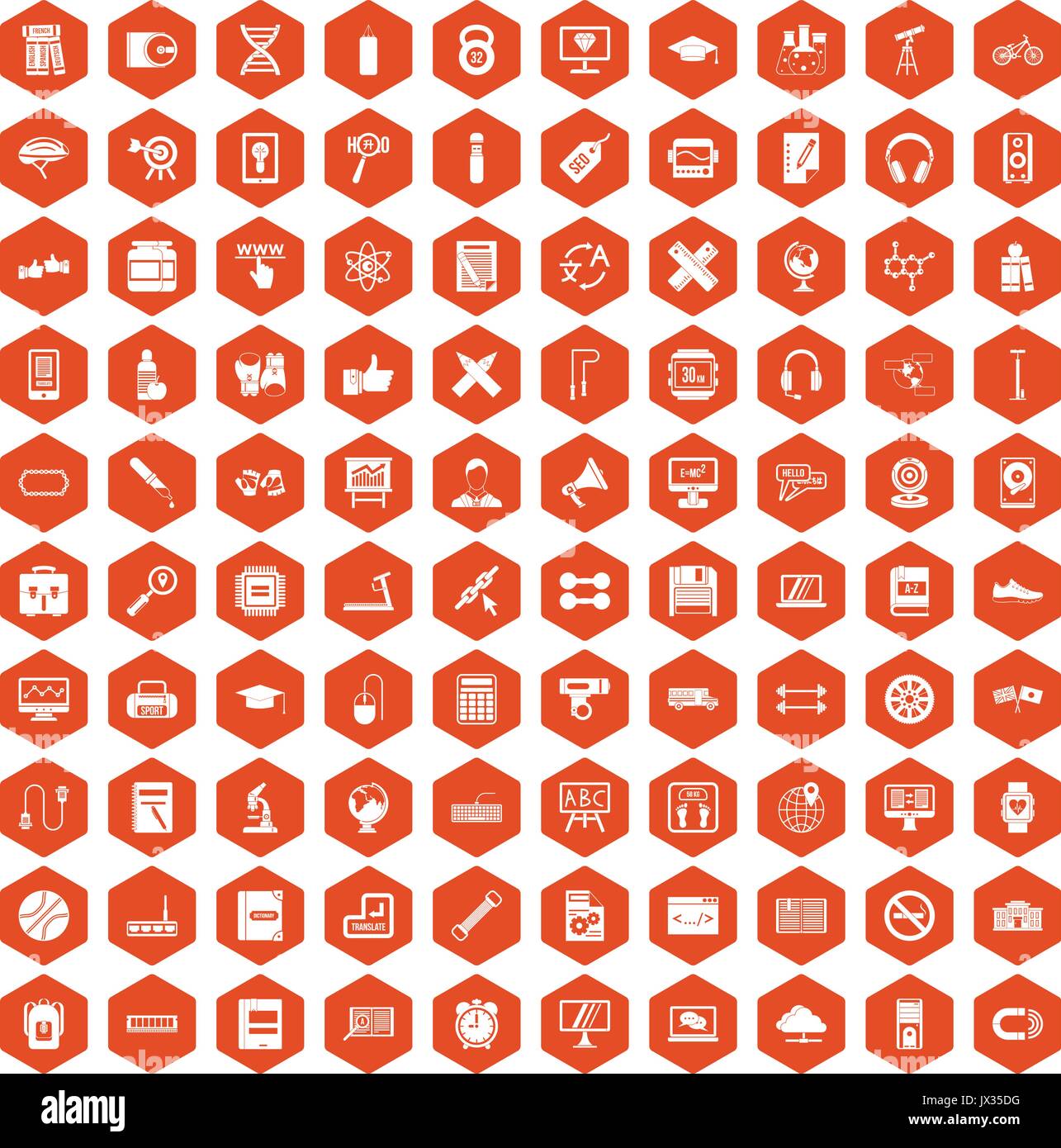 100 training icons hexagon orange Stock Vector
