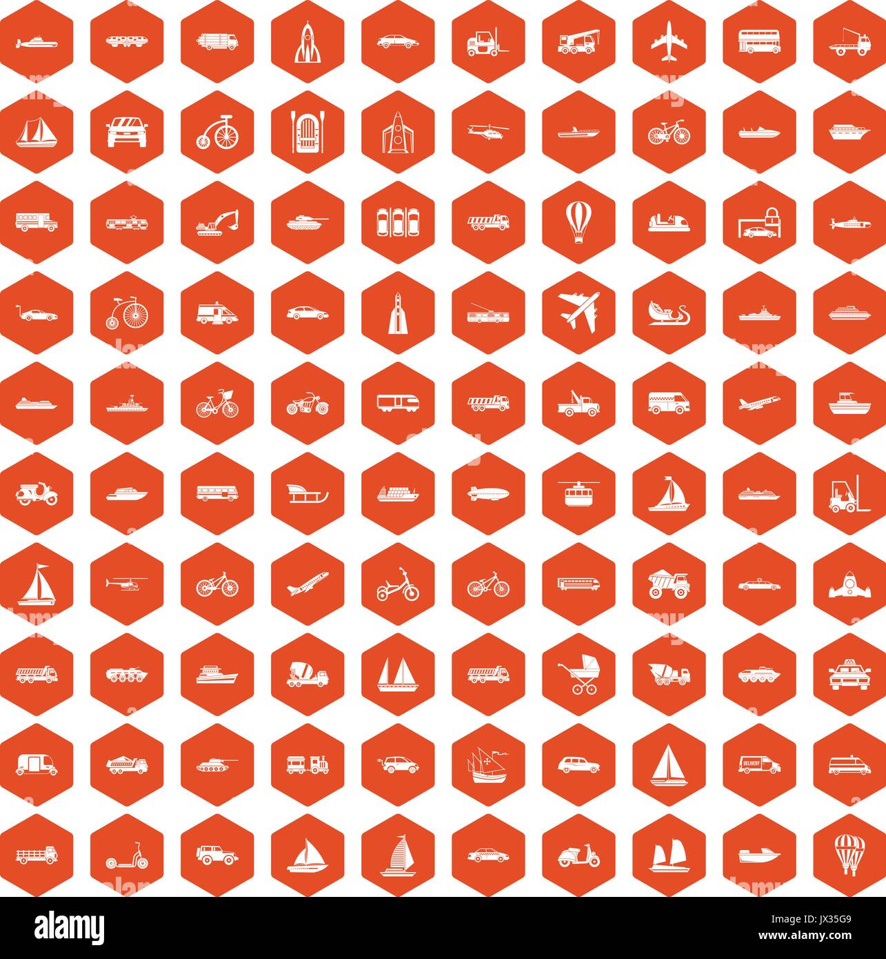 100 transportation icons hexagon orange Stock Vector