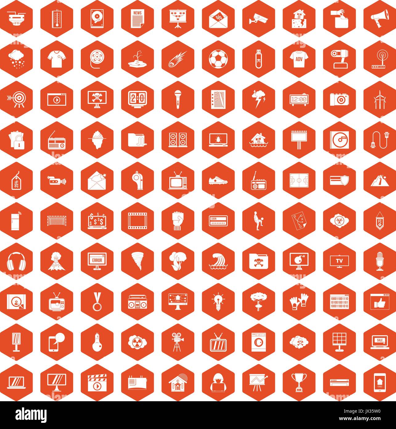 100 TV icons hexagon orange Stock Vector