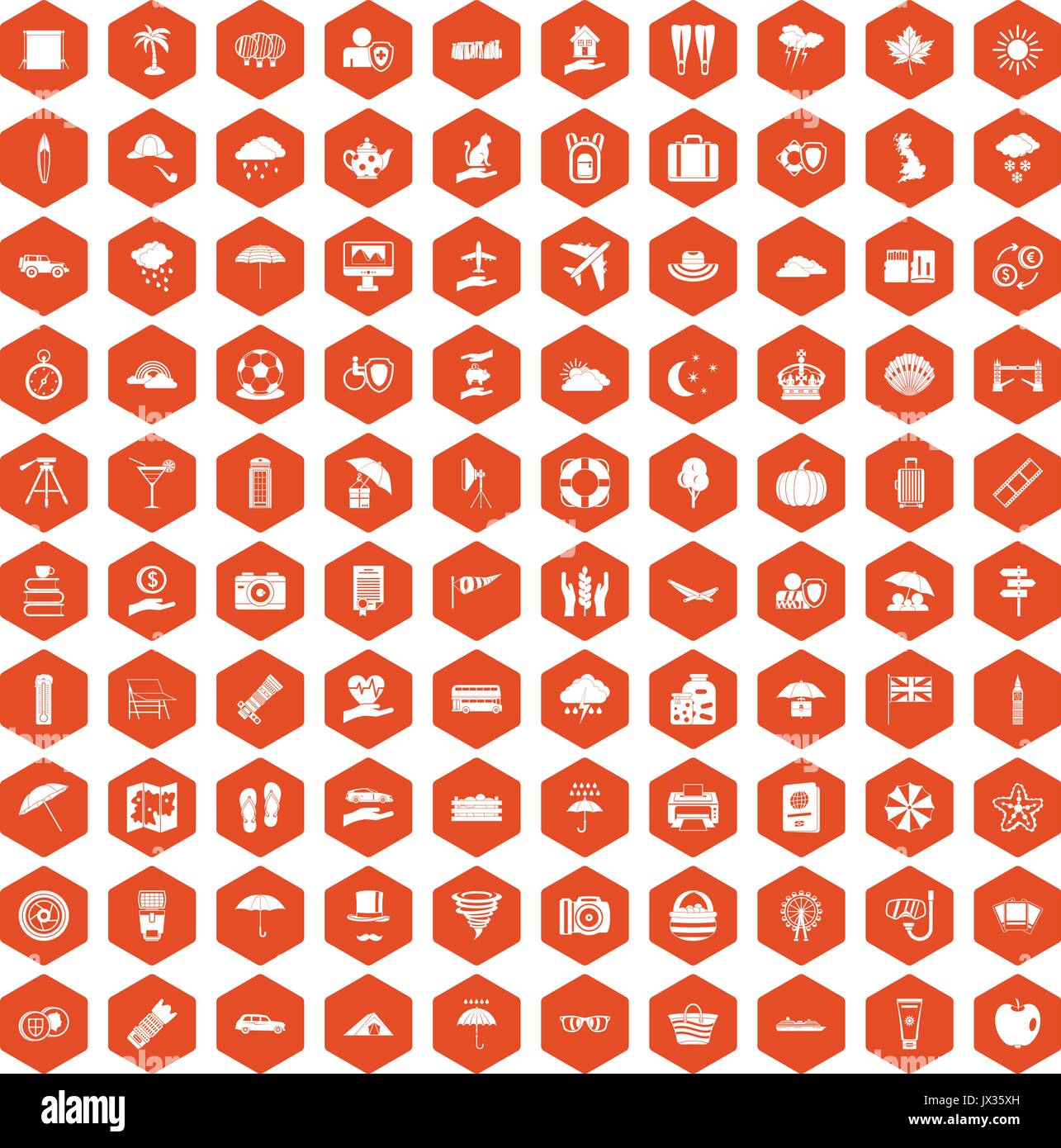100 umbrella icons hexagon orange Stock Vector