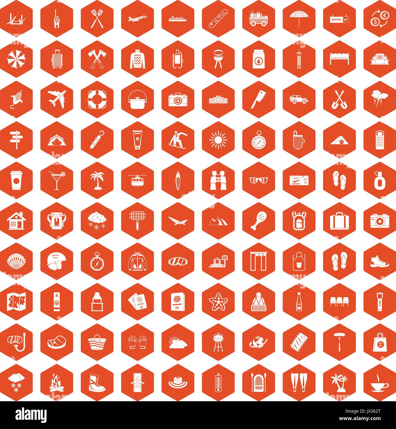 100 vacation icons hexagon orange Stock Vector