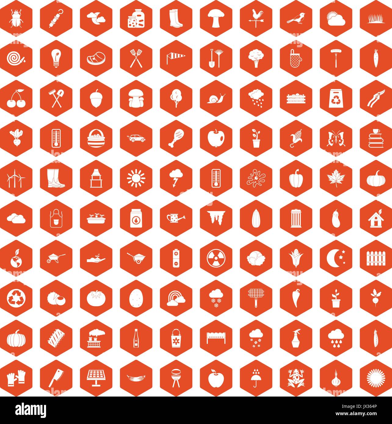 100 vegetables icons hexagon orange Stock Vector