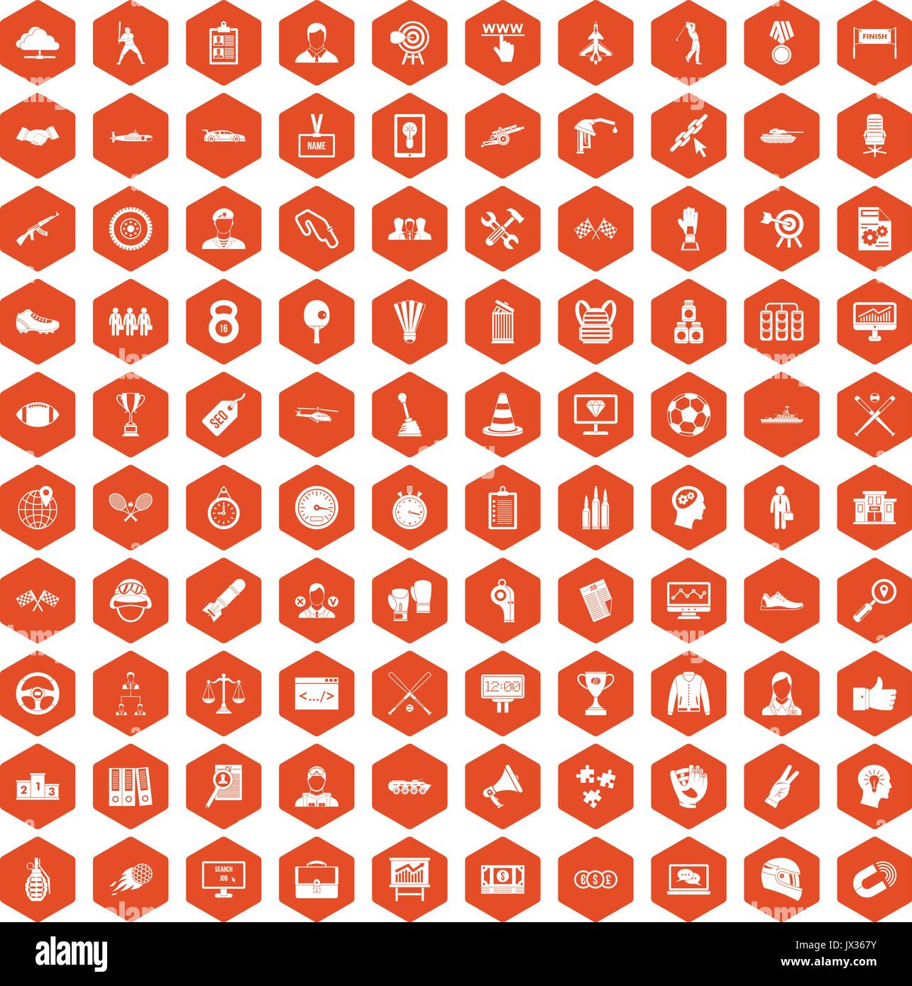 100 victory icons hexagon orange Stock Vector