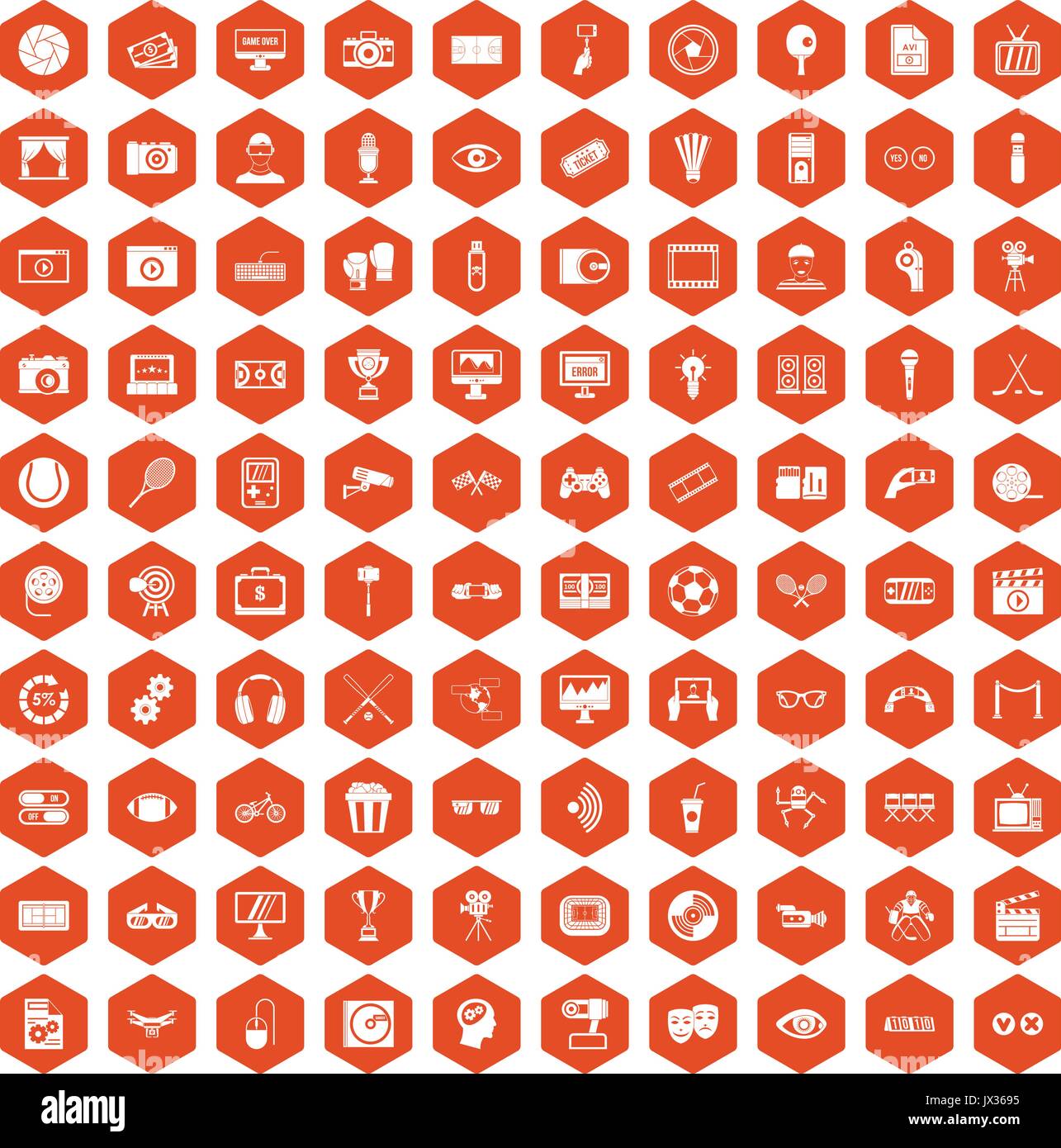 100 video icons hexagon orange Stock Vector