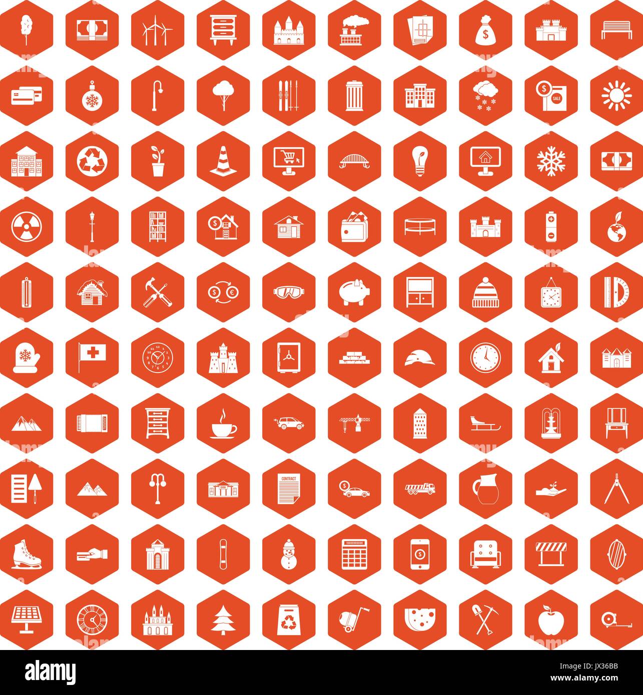 100 villa icons hexagon orange Stock Vector