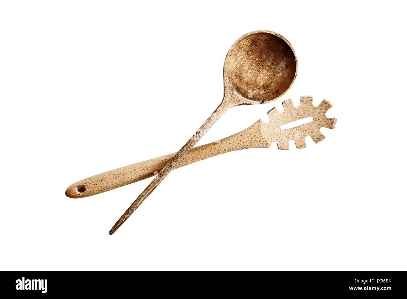 High angle view of a two wooden spoons isolated over a white background with clipping path included. Stock Photo