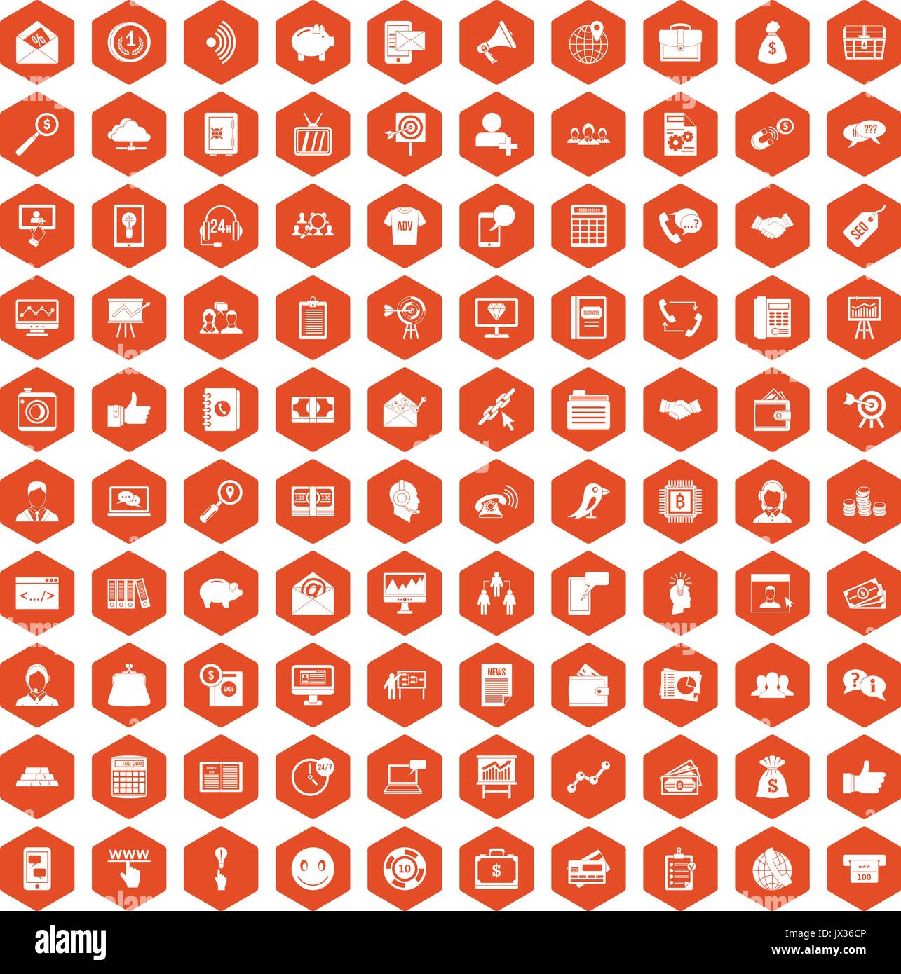 100 viral marketing icons hexagon orange Stock Vector