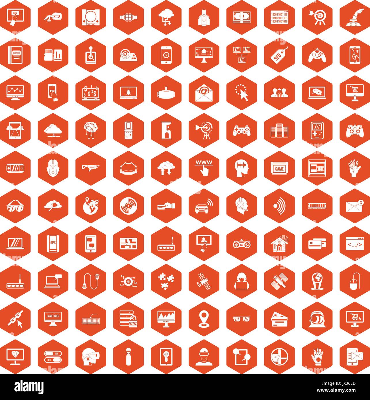 100 virtual icons hexagon orange Stock Vector