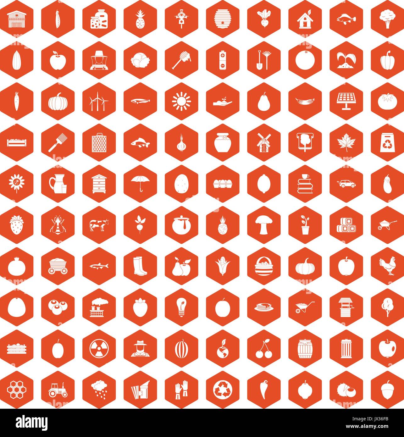 100 vitamins icons hexagon orange Stock Vector