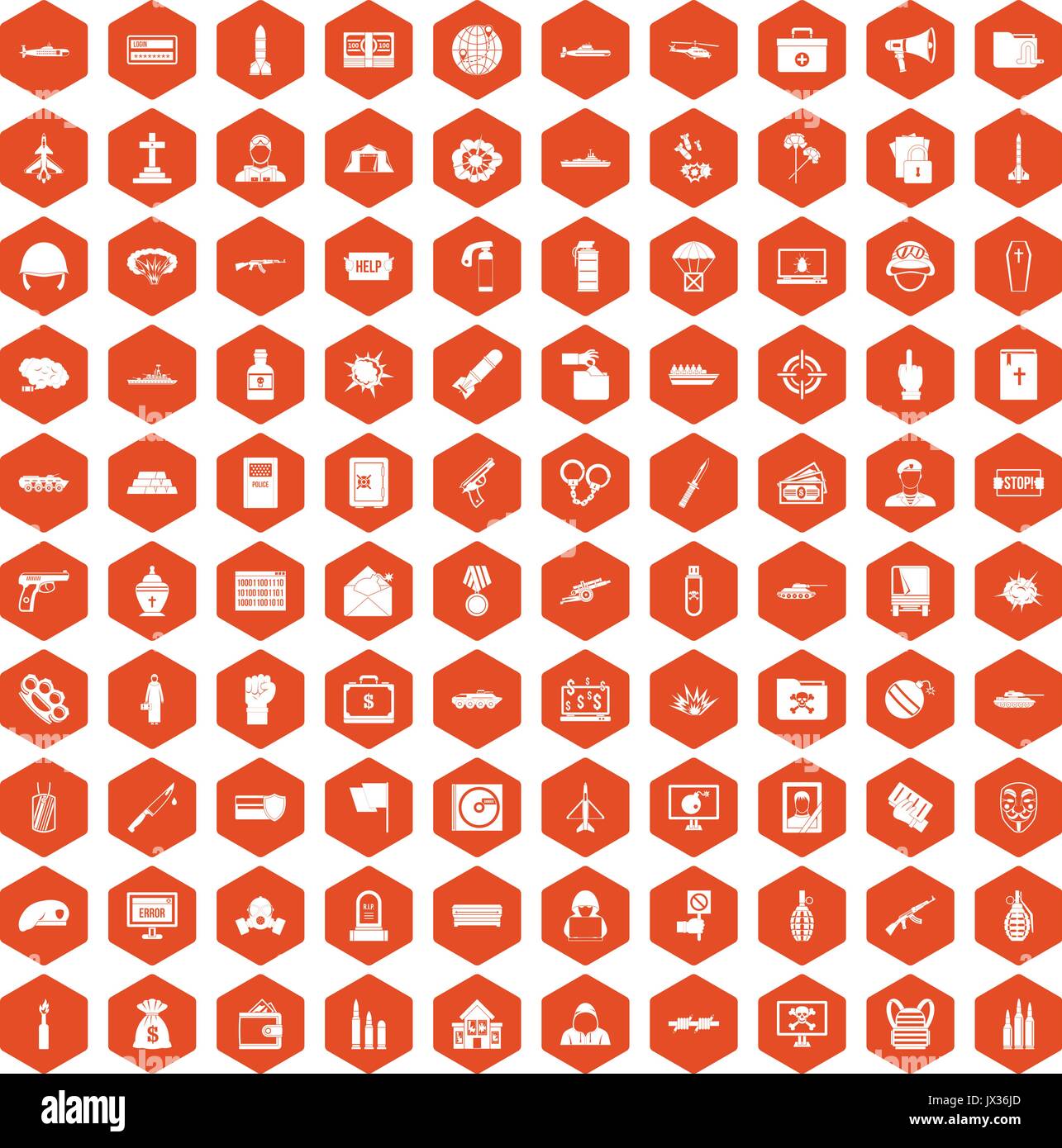 100 war icons hexagon orange Stock Vector