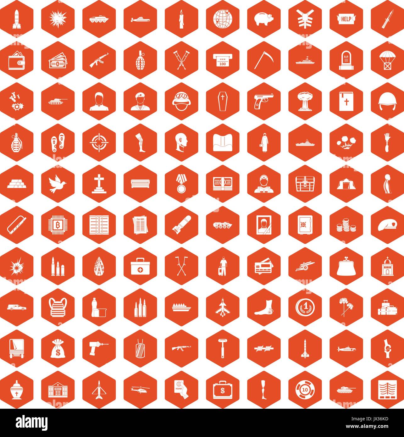 100 war crimes icons hexagon orange Stock Vector