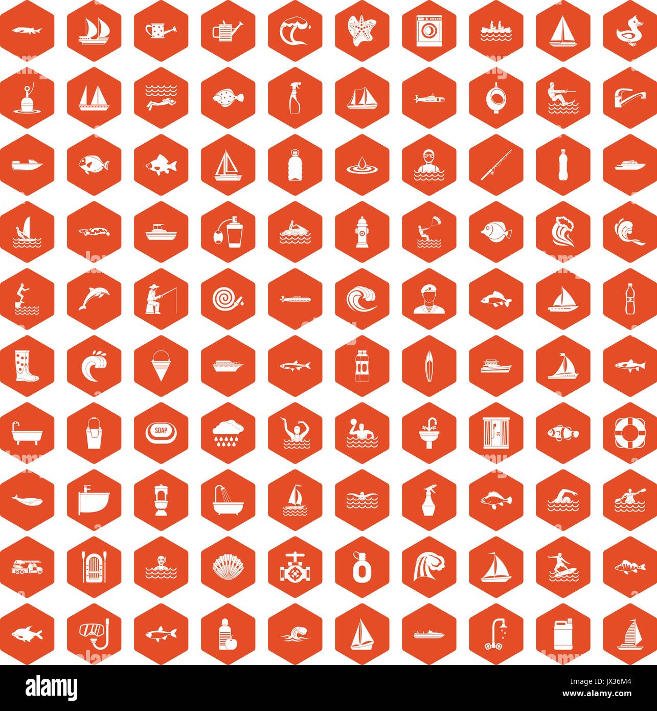 100 water icons hexagon orange Stock Vector