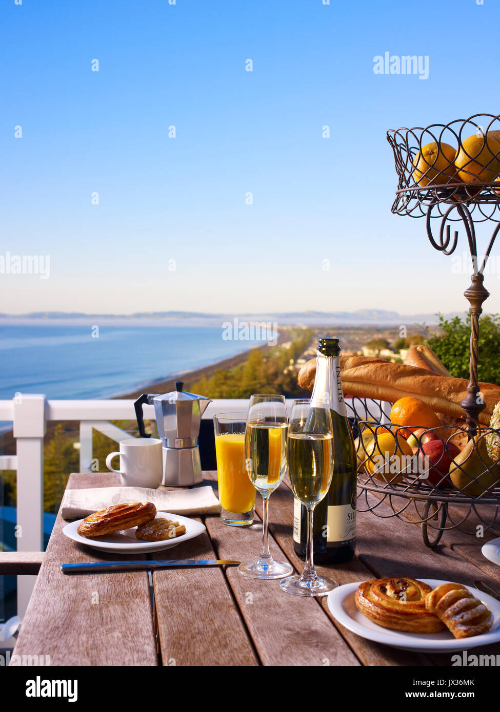 Breakfast view over Napier Hawkes Bay towards cape kidknappers from bluff hill Stock Photo