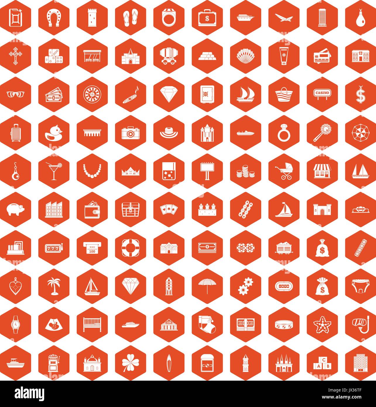 100 wealth icons hexagon orange Stock Vector