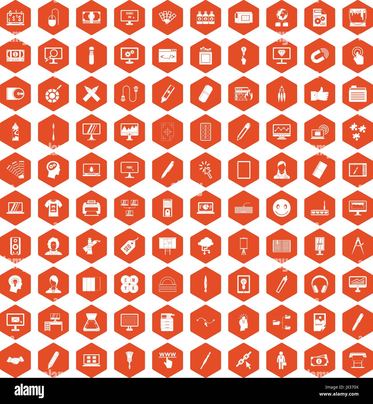 100 webdesign icons hexagon orange Stock Vector