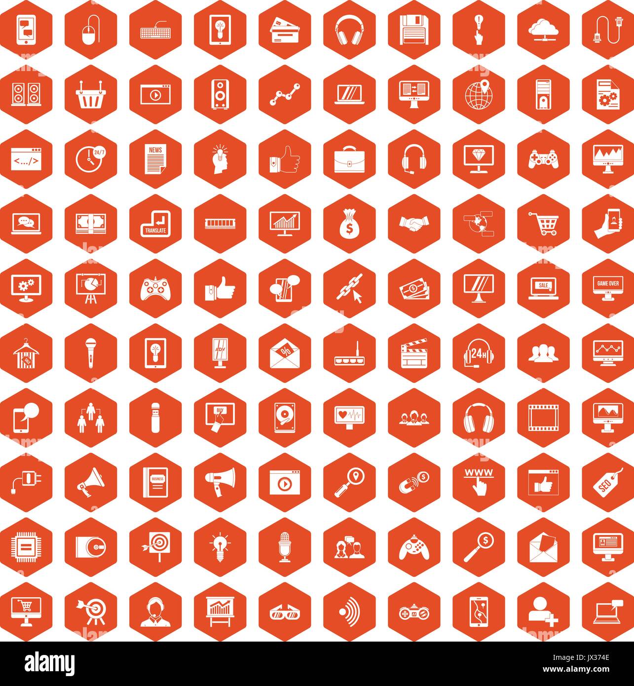 100 web and mobile icons hexagon orange Stock Vector