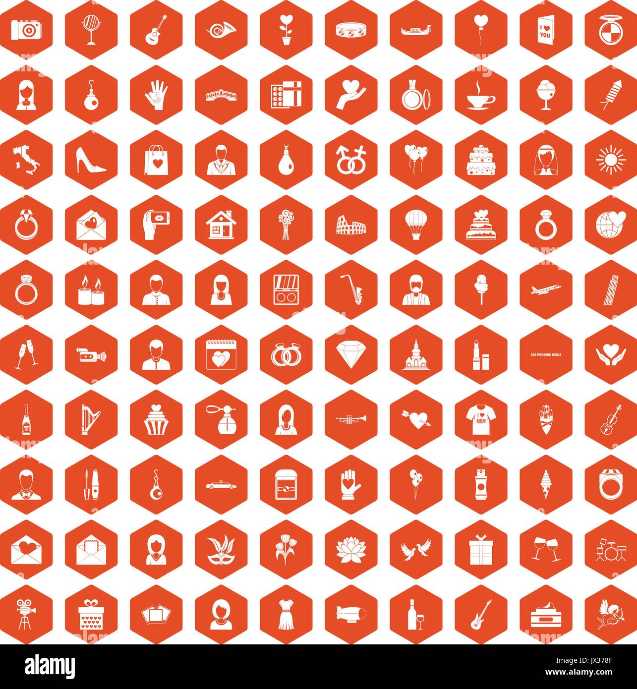 100 wedding icons hexagon orange Stock Vector