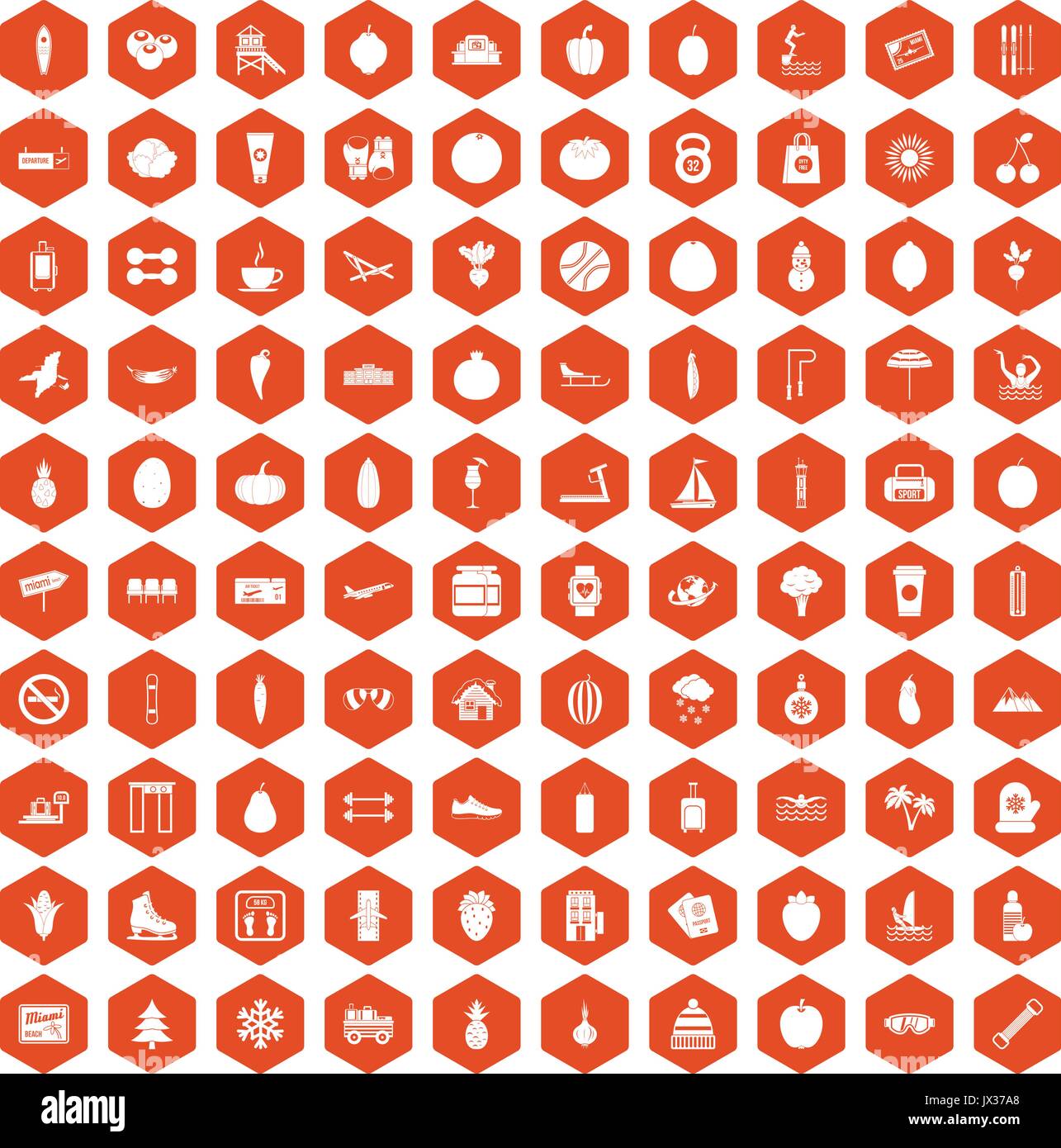 100 wellness icons hexagon orange Stock Vector