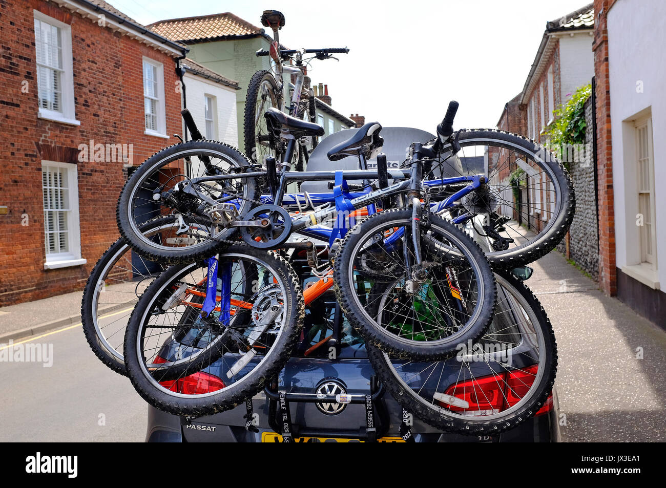 bicycles on bicycle car rack, norfolk, england Stock Photo