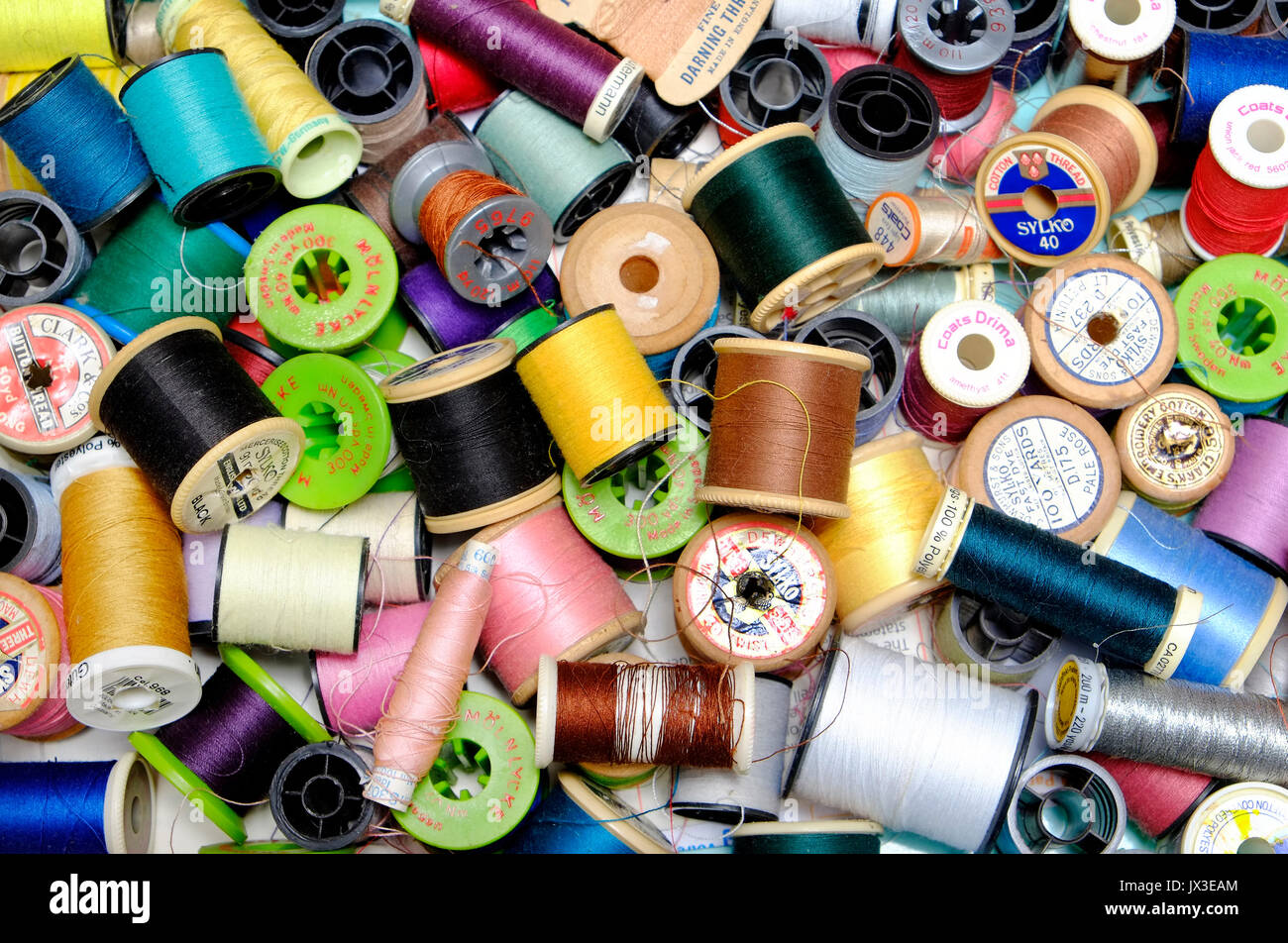 colourful cotton reels in sewing box Stock Photo