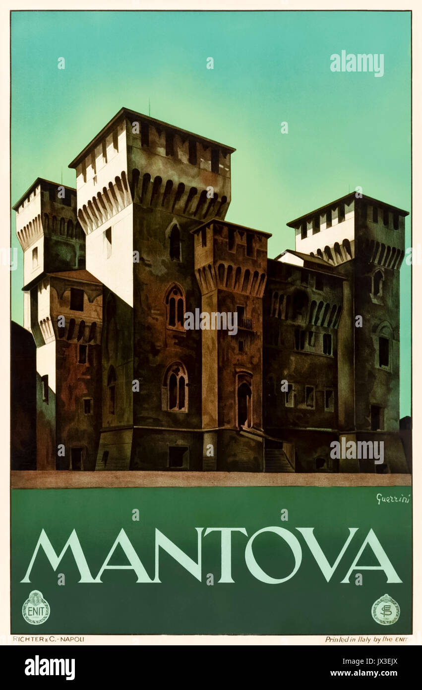 ‘Mantova’ (Mantua) 1930s Tourism Poster featuring San Giorgio Castle. Artwork by Guerrini for Ferrovie dello Stato (FS -Italian State Railways) and ENIT (Agenzia nazionale del turismo - Italian Tourist Board). Stock Photo