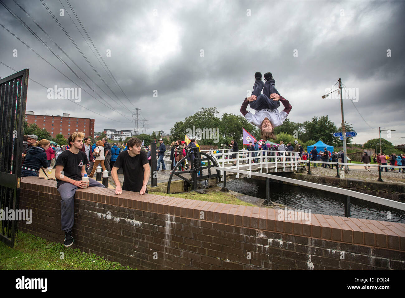 Boys and young men doing parkour Stock Photo
